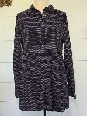 Anthropologie Maeve Aled Navy Blue Polka Dot Tunic Button Down Shirt Top Sz L